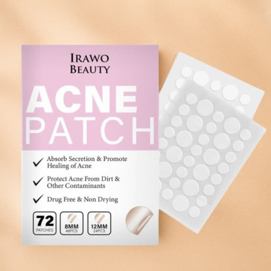 Irawo Beauty acne patch packaging with patches on a beige background