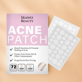 Irawo Beauty acne patch packaging with patches on a beige background