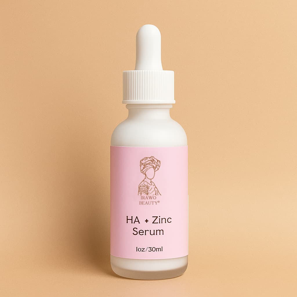HA + Zinc Serum bottle with pink label on a beige background