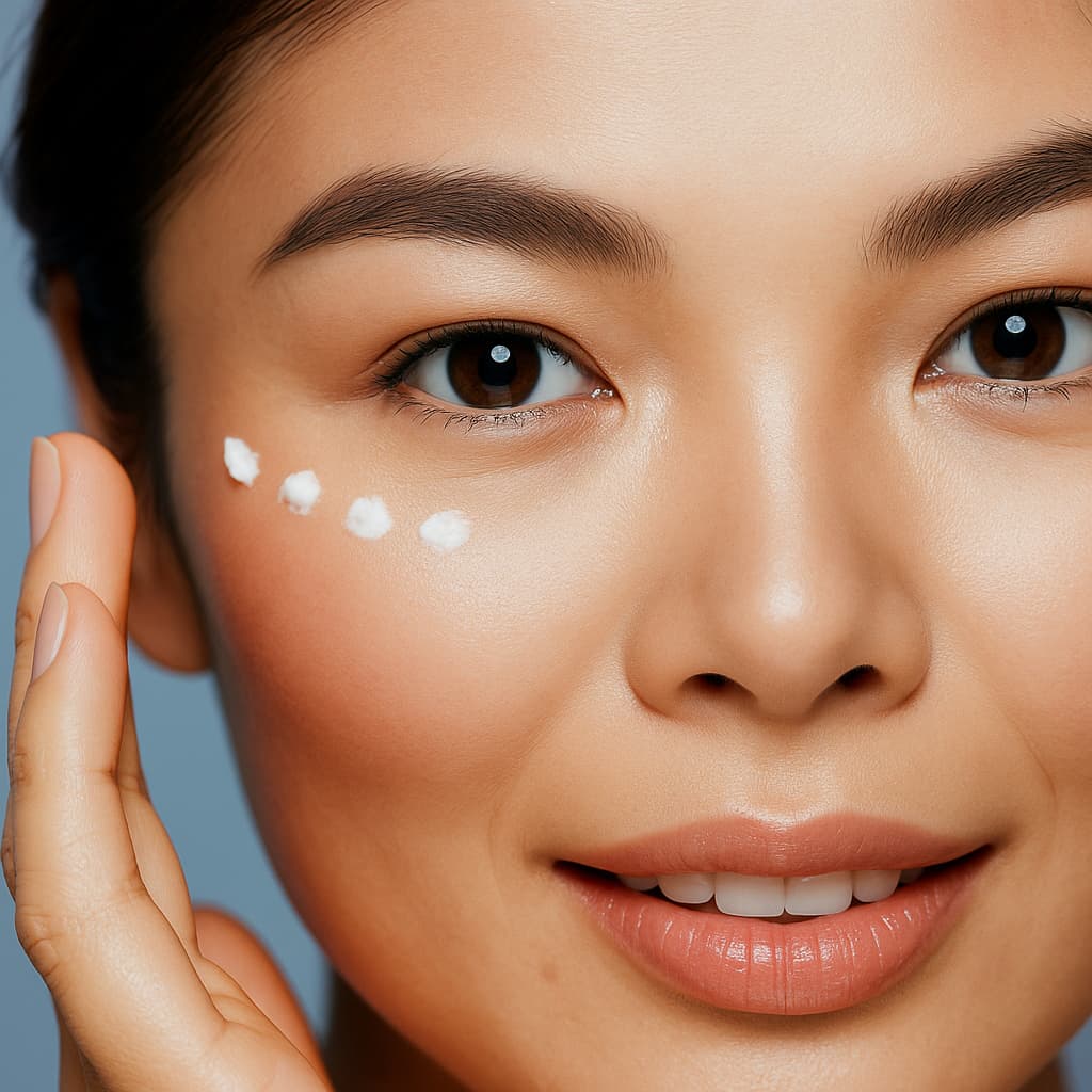 Close-up of a woman's face with a focus on her eye area, against a blue background.