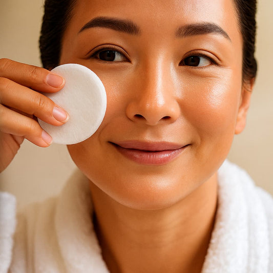 Woman applying a facial product with a cotton pad on a neutral background