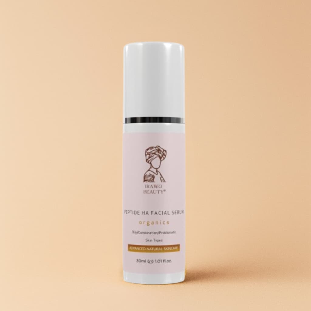 Skincare serum bottle with a beige background