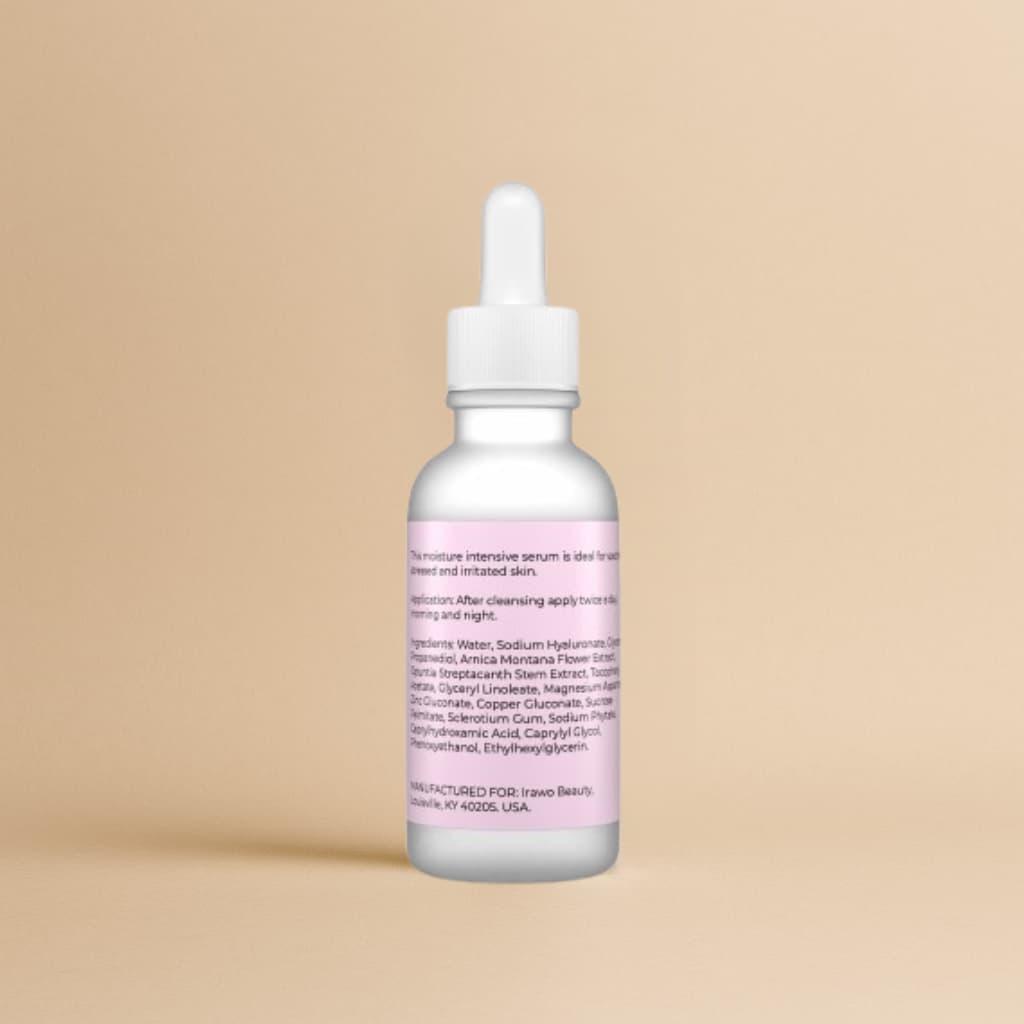 Skincare serum bottle with dropper on a beige background