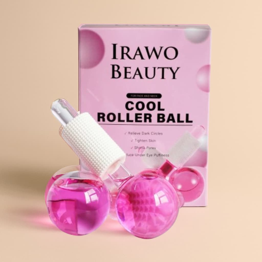Pink roller ball with packaging labeled 'Irawo Beauty' on a beige background