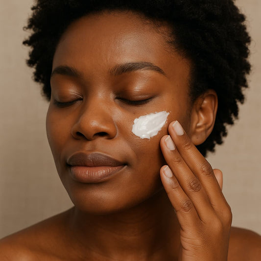Woman applying moisturizer to her face with a neutral background