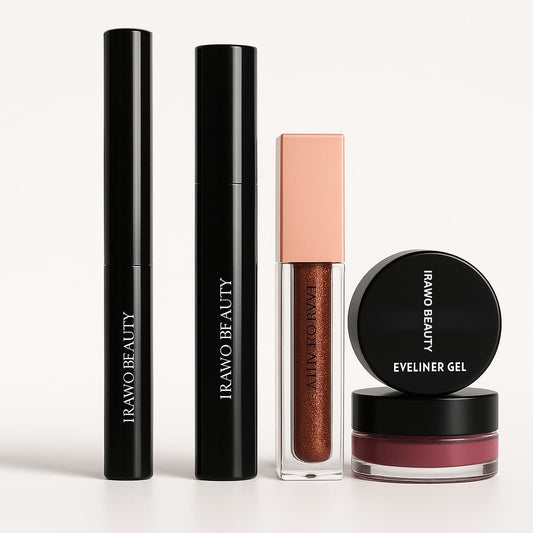 Irawo Beauty makeup products including lipsticks and eyeliner gel on a white background