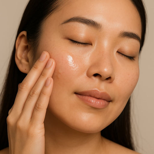 Woman applying serum to her face with a neutral background