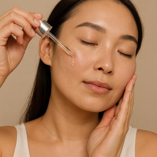 Woman applying a dropper of skincare product to her face against a beige background