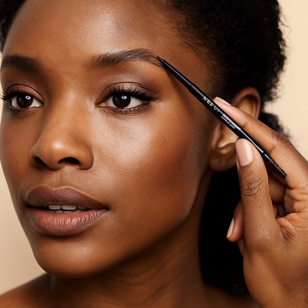 Woman applying eyebrow pencil to her eyebrows with a neutral background