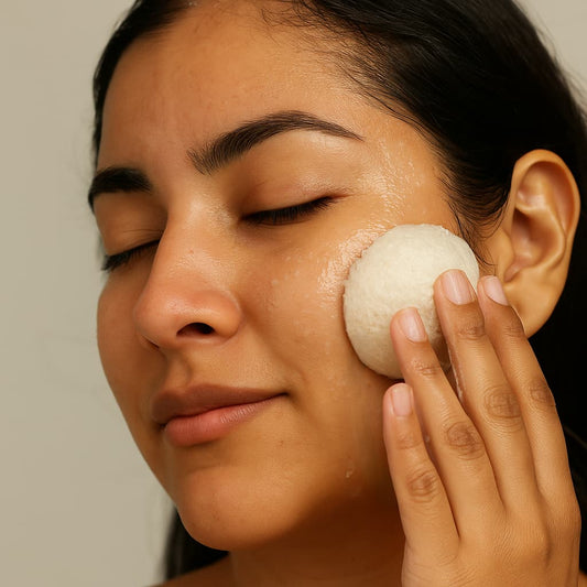 Woman using a white facial Konjac sponge on her face against a neutral background