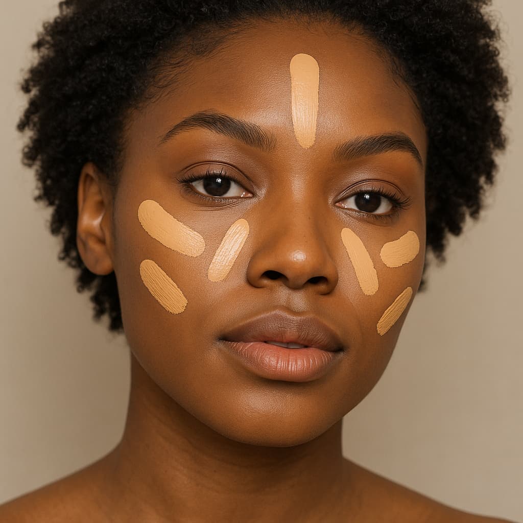 Woman with concealer on her face on a beige background