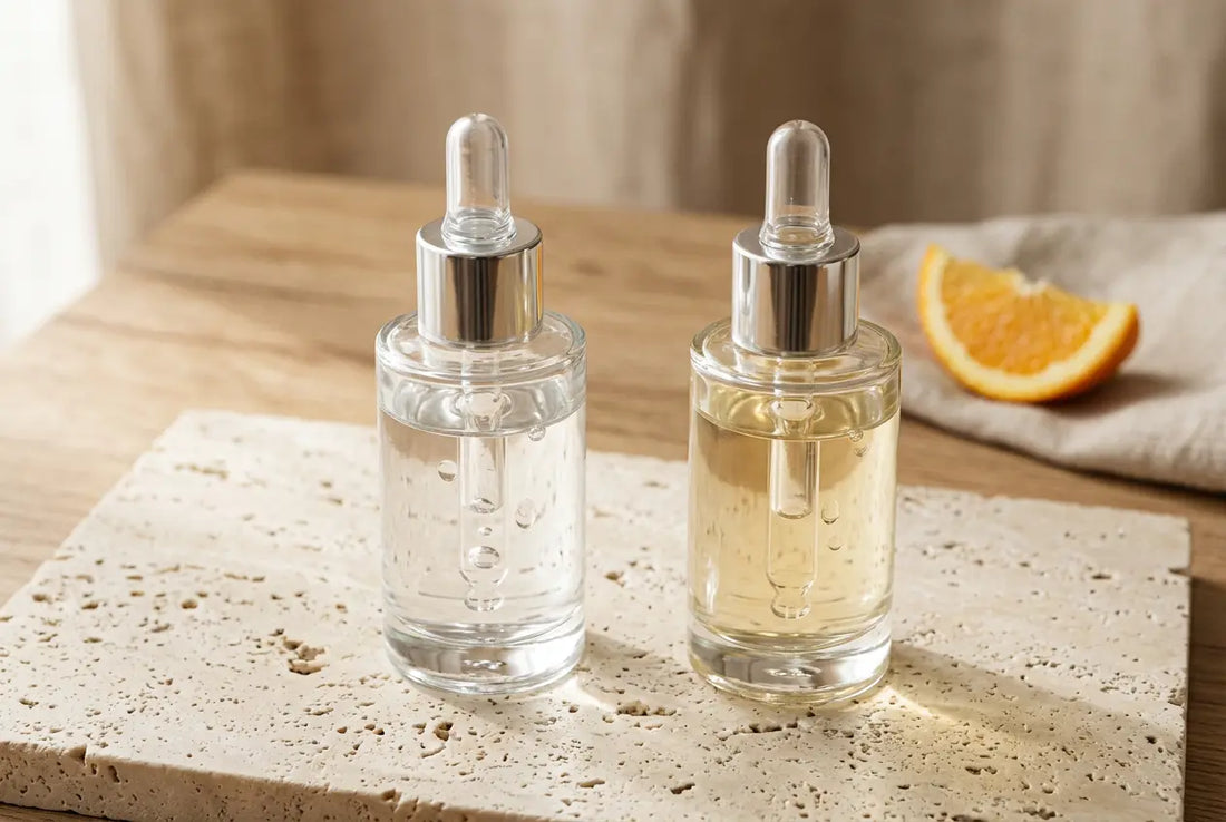 Two glass serum dropper bottles on pale stone with an orange slice in soft natural light.