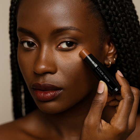 Woman applying concealer with a stick to her face