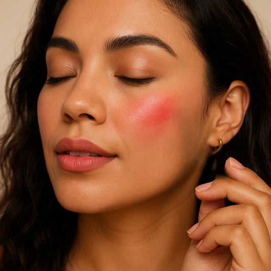 Close-up of a woman with pink blush on her cheeks against a neutral background