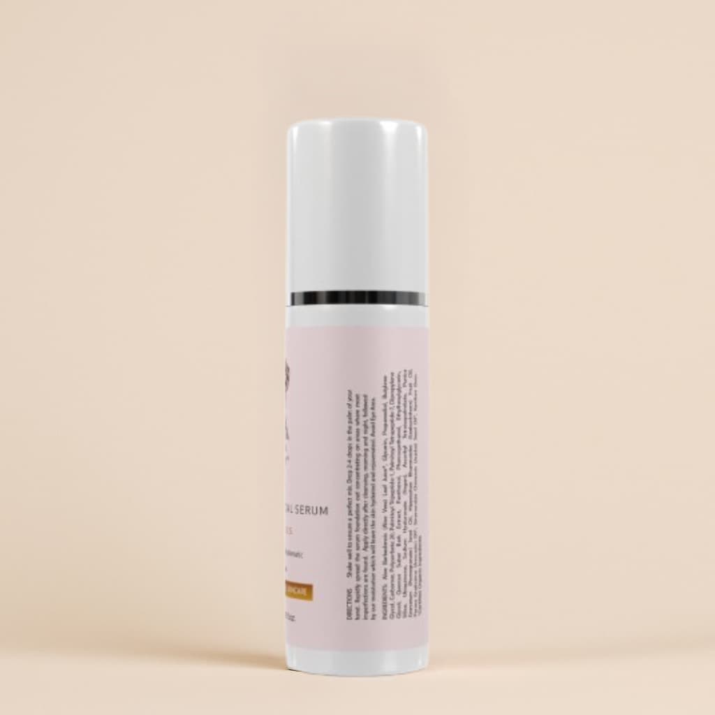 Skincare serum bottle with text on a beige background