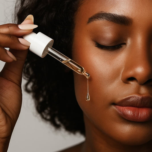 Woman applying a dropper of serum to her skin